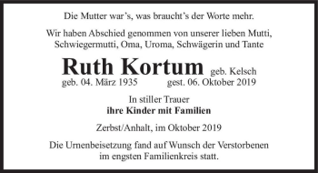 Traueranzeige von Ruth Kortum (geb. Kelsch)  von Magdeburger Volksstimme