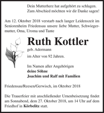 Traueranzeige von Ruth Kotter  von Magdeburger Volksstimme