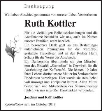 Traueranzeige von Ruth Kottler  von Magdeburger Volksstimme
