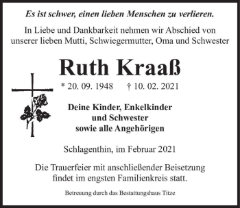 Traueranzeige von Ruth Kraaß  von Magdeburger Volksstimme