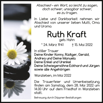 Traueranzeige von Ruth Kraft (geb. Hahn)  von Magdeburger Volksstimme