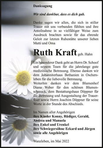 Traueranzeige von Ruth Kraft (geb. Hahn)  von Magdeburger Volksstimme