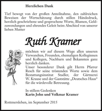 Traueranzeige von Ruth Kramer  von Magdeburger Volksstimme