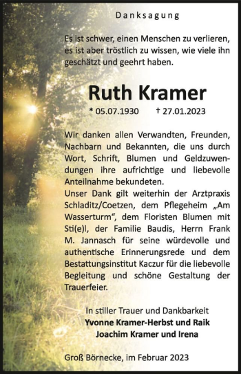 Traueranzeige von Ruth Kramer  von Magdeburger Volksstimme