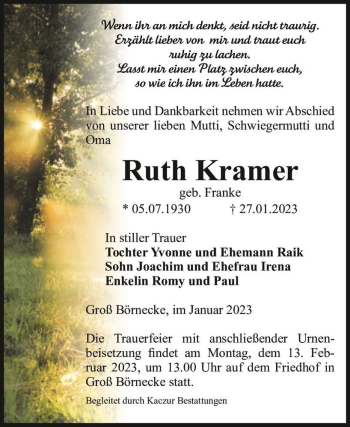 Traueranzeige von Ruth Kramer (geb. Franke)  von Magdeburger Volksstimme