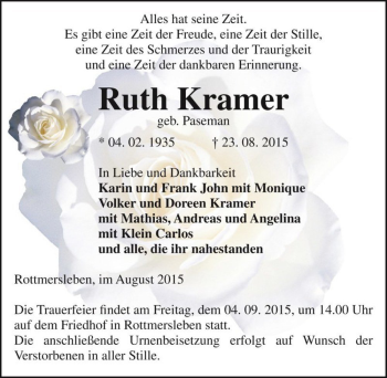 Traueranzeige von Ruth Kramer (geb. Paseman)  von Magdeburger Volksstimme