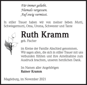 Traueranzeige von Ruth Kramm (geb. Fischer)  von Magdeburger Volksstimme