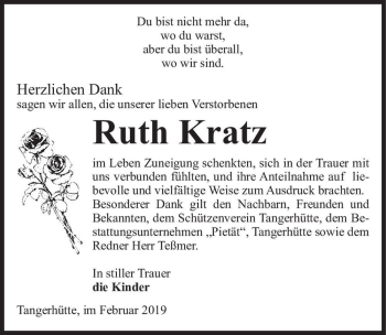 Traueranzeige von Ruth Kratz  von Magdeburger Volksstimme