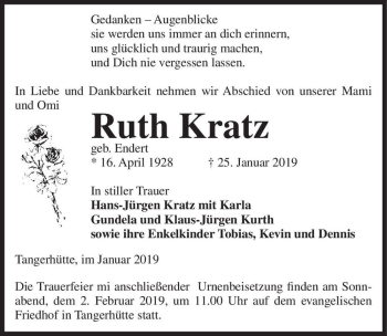 Traueranzeige von Ruth Kratz (geb. Endert)  von Magdeburger Volksstimme