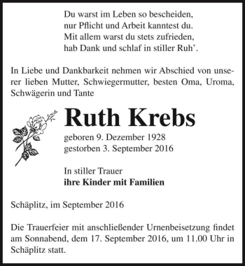 Traueranzeige von Ruth Krebs  von Magdeburger Volksstimme