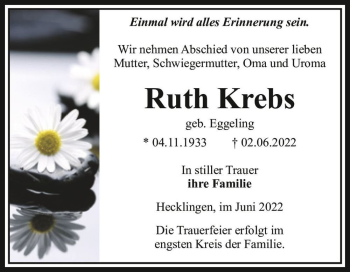 Traueranzeige von Ruth Krebs (geb. Eggeling)  von Magdeburger Volksstimme