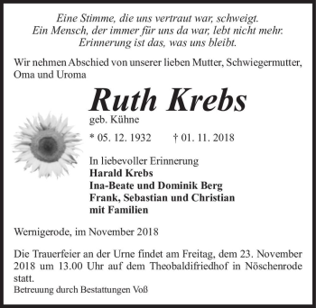 Traueranzeige von Ruth Krebs (geb. Kühne)  von Magdeburger Volksstimme