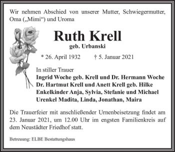 Traueranzeige von Ruth Krell (geb. Urbanski)  von Magdeburger Volksstimme