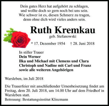 Traueranzeige von Ruth Kremkau (Stefanowski)  von Magdeburger Volksstimme