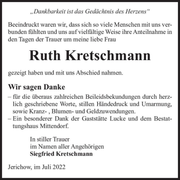 Traueranzeige von Ruth Kretschmann  von Magdeburger Volksstimme
