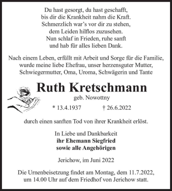 Traueranzeige von Ruth Kretschmann (geb. Nowottny)  von Magdeburger Volksstimme