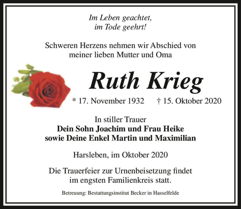  Traueranzeige für Ruth Krieg  vom 14.11.2020 aus Magdeburger Volksstimme