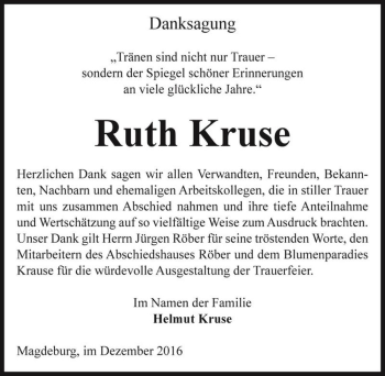 Traueranzeige von Ruth Kruse  von Magdeburger Volksstimme