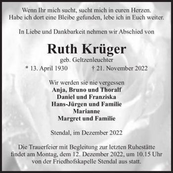 Traueranzeige von Ruth Krüger (geb. Geltzenleuchter)  von Magdeburger Volksstimme