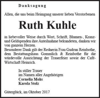 Traueranzeige von Ruth Kuhle  von Magdeburger Volksstimme