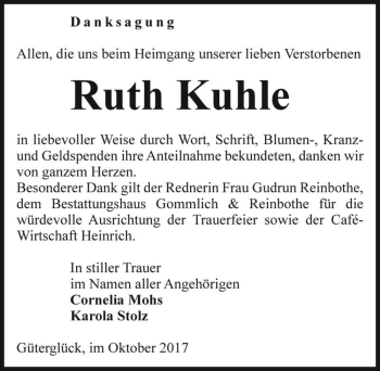 Traueranzeige von Ruth Kuhle  von Magdeburger Volksstimme