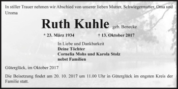 Traueranzeige von Ruth Kuhle (geb. Benecke)  von Magdeburger Volksstimme