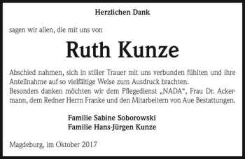 Traueranzeige von Ruth Kunze  von Magdeburger Volksstimme