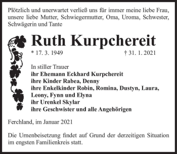 Traueranzeige von Ruth Kurpchereit  von Magdeburger Volksstimme