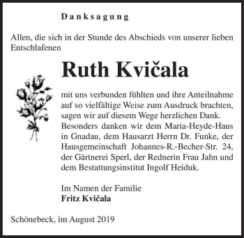 Traueranzeige von Ruth Kvicala  von Magdeburger Volksstimme
