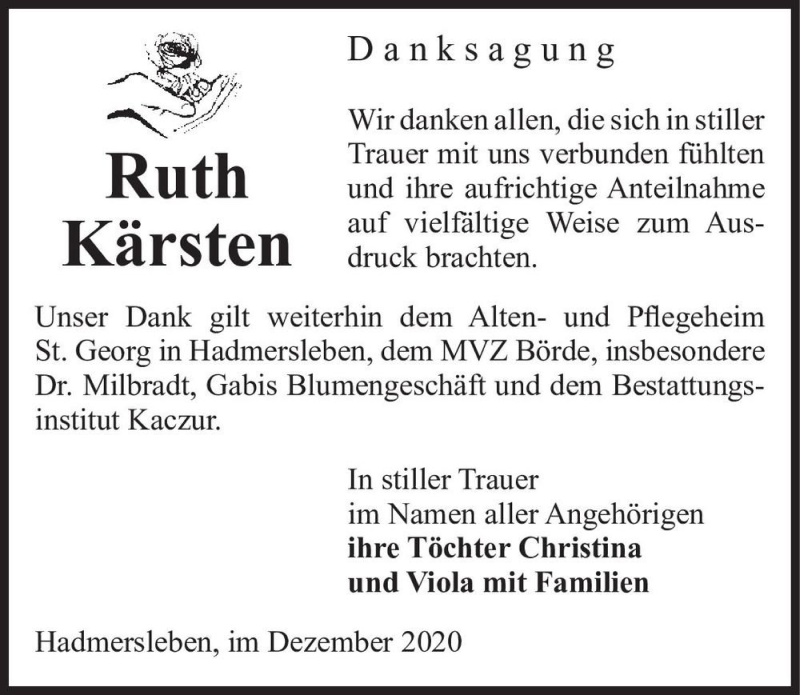  Traueranzeige für Ruth Kärsten  vom 12.12.2020 aus Magdeburger Volksstimme