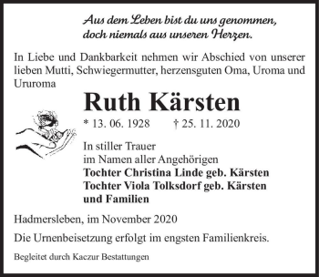 Traueranzeige von Ruth Kärsten  von Magdeburger Volksstimme