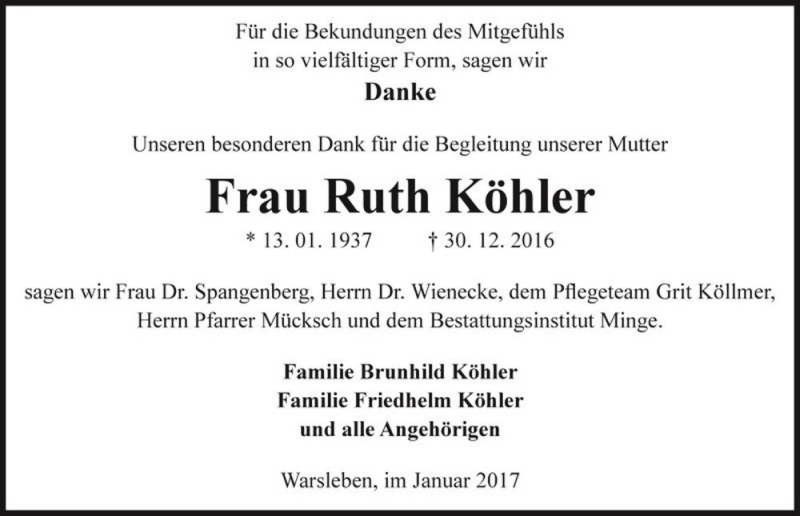  Traueranzeige für Ruth Köhler  vom 25.01.2017 aus Magdeburger Volksstimme