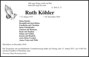 Traueranzeige von Ruth Köhler  von Magdeburger Volksstimme