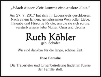 Traueranzeige von Ruth Köhler (geb. Schäfer)  von Magdeburger Volksstimme