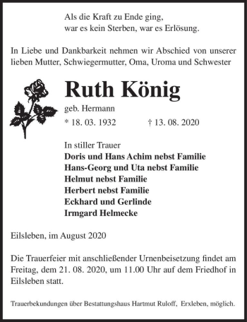 Traueranzeige von Ruth König (geb. Hermann)  von Magdeburger Volksstimme