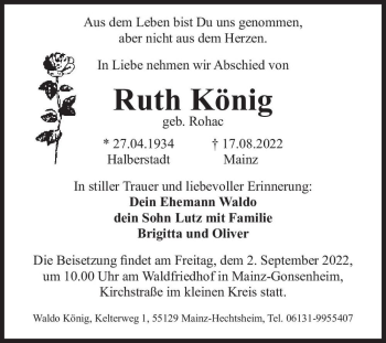 Traueranzeige von Ruth König (geb. Rohac)  von Magdeburger Volksstimme