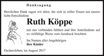 Traueranzeige von Ruth Köppe  von Magdeburger Volksstimme