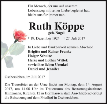 Traueranzeige von Ruth Köppe (geb. Nagel)  von Magdeburger Volksstimme