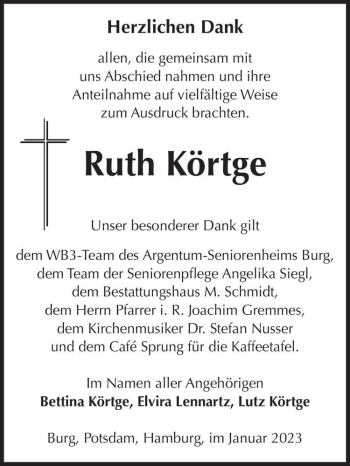 Traueranzeige von Ruth Körtge  von Magdeburger Volksstimme