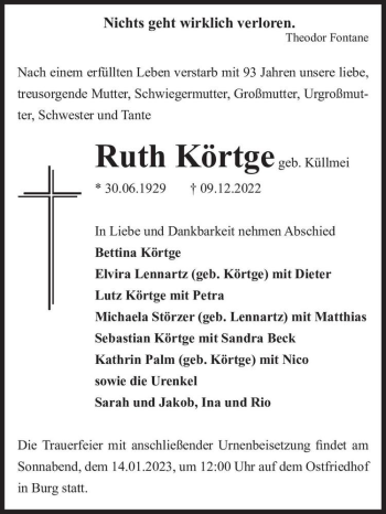 Traueranzeige von Ruth Körtge (geb. Küllmei)  von Magdeburger Volksstimme