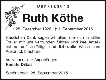 Traueranzeige von Ruth Köthe  von Magdeburger Volksstimme
