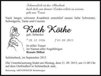 Traueranzeige von Ruth Köthe (geb. Sebecker)  von Magdeburger Volksstimme