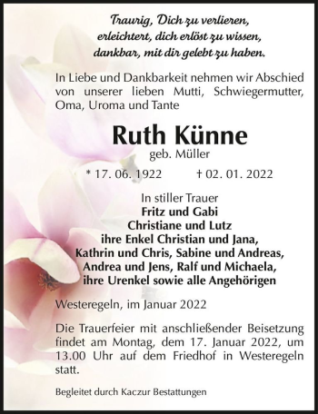 Traueranzeige von Ruth Künne (geb. Müller)  von Magdeburger Volksstimme
