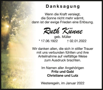 Traueranzeige von Ruth Künne (geb. Müller)  von Magdeburger Volksstimme