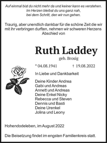 Traueranzeige von Ruth Laddey (geb. Brosig)  von Magdeburger Volksstimme