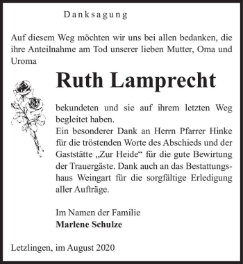 Traueranzeige von Ruth Lamprecht  von Magdeburger Volksstimme