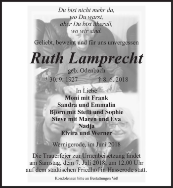 Traueranzeige von Ruth Lamprecht (geb. Odenbach)  von Magdeburger Volksstimme