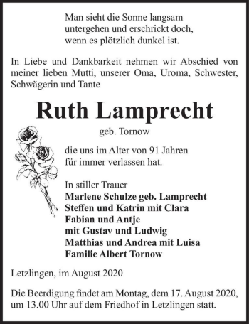 Traueranzeige von Ruth Lamprecht (geb. Tornow)  von Magdeburger Volksstimme