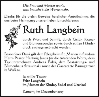 Traueranzeige von Ruth Langbein  von Magdeburger Volksstimme