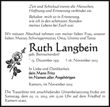 Traueranzeige von Ruth Langbein (geb. Benneckendorf)  von Magdeburger Volksstimme